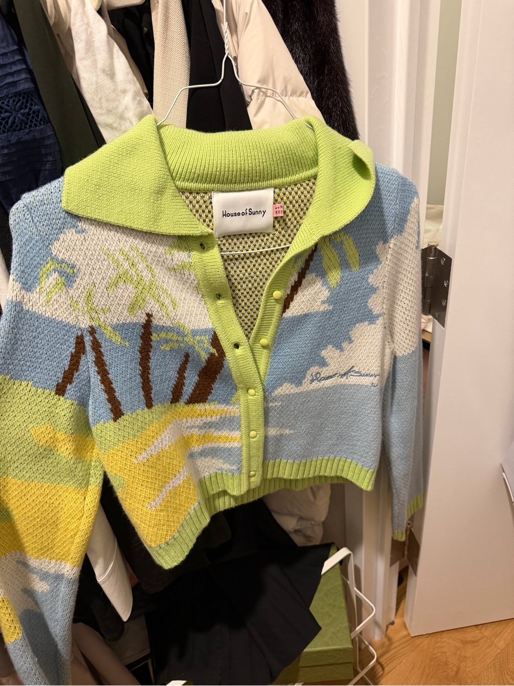 House of Sunny Light Blue and Lime Palm-Print Knit Cardigan - Picture 3 of 4